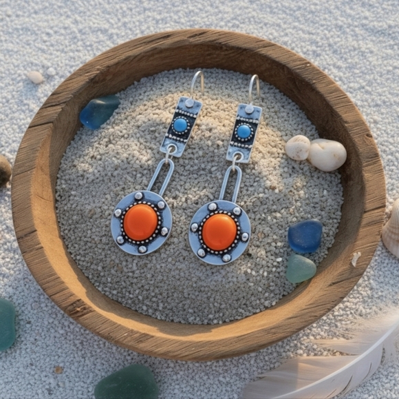 Vintage‎ Style Boho Chic Drop Trendy Spring Earrings Orange Turquoise Accents - Picture 5 of 12